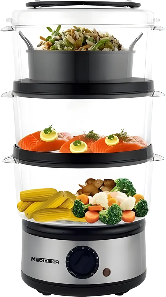 حلة طهي بالبخار ميديا تيك، 5 لتر، 3 طبقات، أسود، MT-FS88