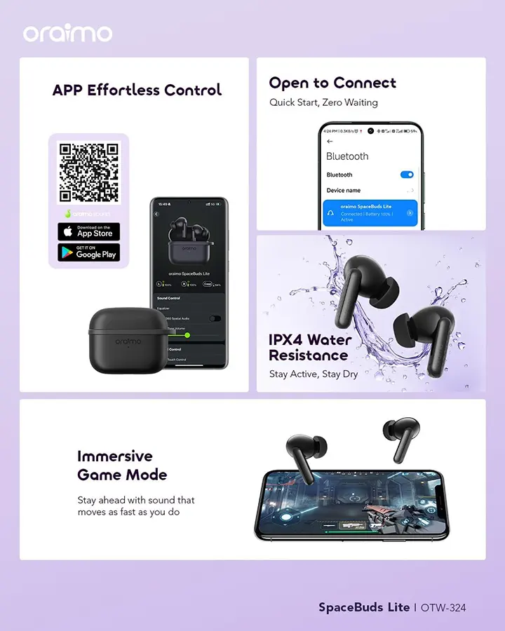 سماعات اذن لاسلكية أوريمو سبيس بادز لايت ، بلوتوث 5.4 ، مقاومة للماء ، اسود ، OTW-324