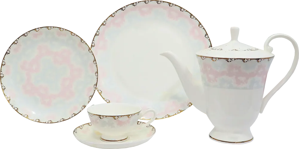 طقم صيني مدور ، ابيض في بينك اطار جوبلد ، 111 قطعة ، 12762