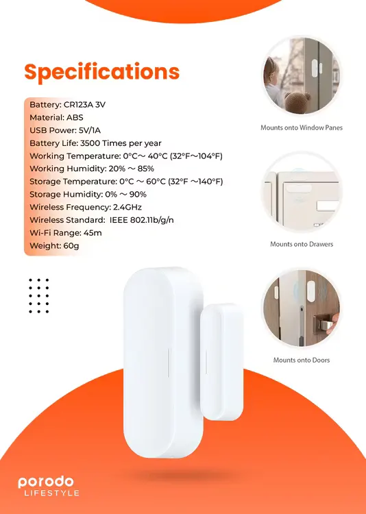 جهاز استشعار ذكي للأبواب والنوافذ من بورودو لايف ستايل، بطارية تدوم 3500 مرة سنويا، واي فاي، تنبيهات فورية، يدعم مساعد جوجل-تويا الصوتي، تركيب سهل