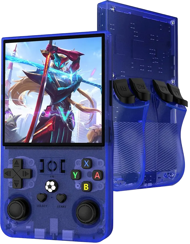 وحدة تحكم ألعاب محمولة R36MAX ، شاشة IPS مقاس 4.0 بوصة، بطارية 4000 مللي أمبير، وقت تشغيل 6 ساعات، 1 جيجا رام، مساحة تخزين 64، تحتوي على اكثر من 1500 لعبة، أزرق