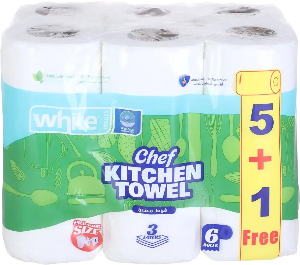 مناديل مطبخ وايت شيف، 3 طبقات ،6 قطع رول