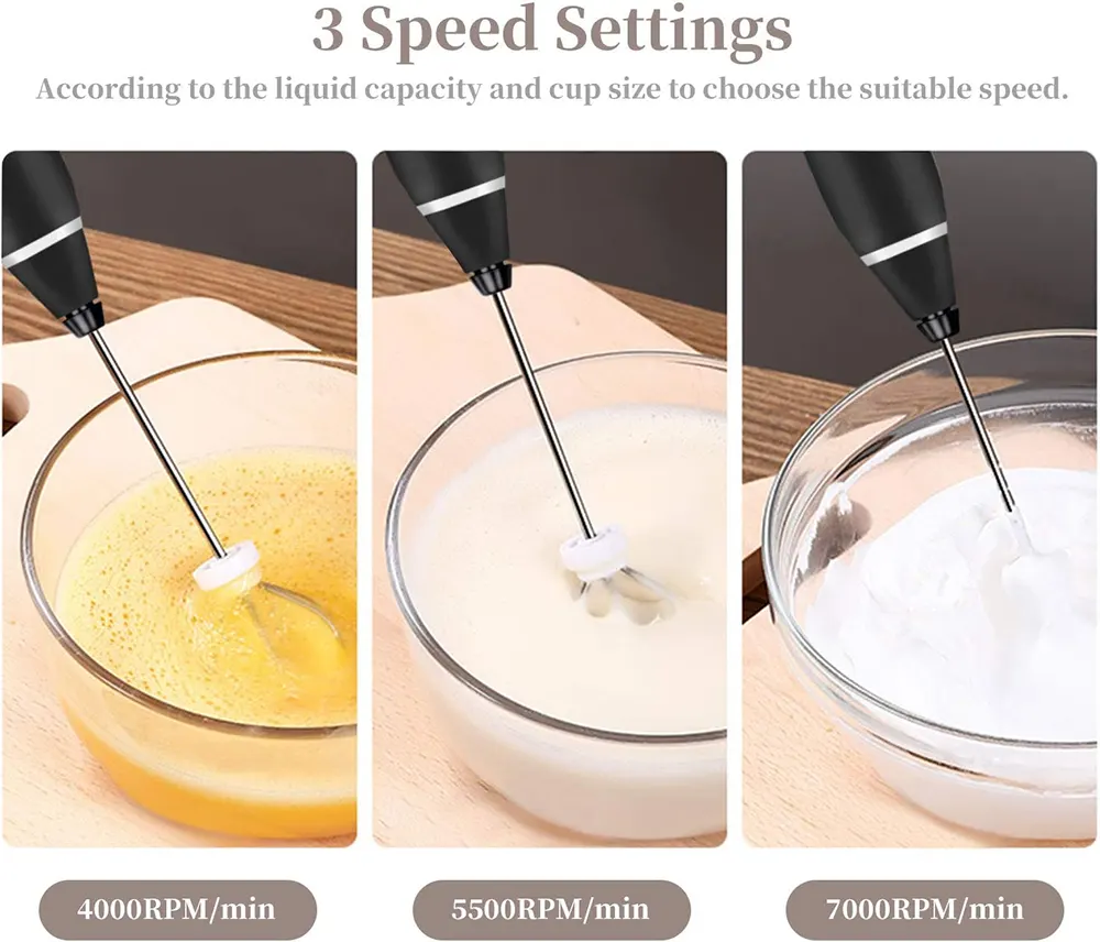 مضرب خفق اللبن والنسكافيه 2 في 1 ، 3 سرعات، منفذ شحن usb، وقت تشغيل 90 دقيقة، أسود