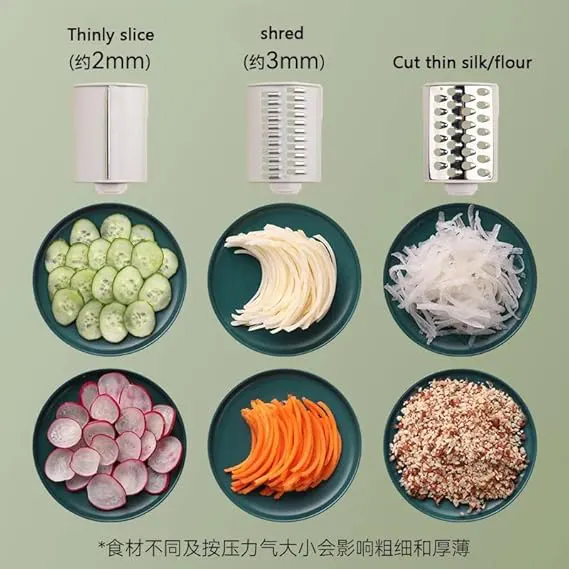 قطاعة خضروات متعددة الوظائف، 2 شفرات تقطيع وشفرة مبشرة، أخضر، 125226