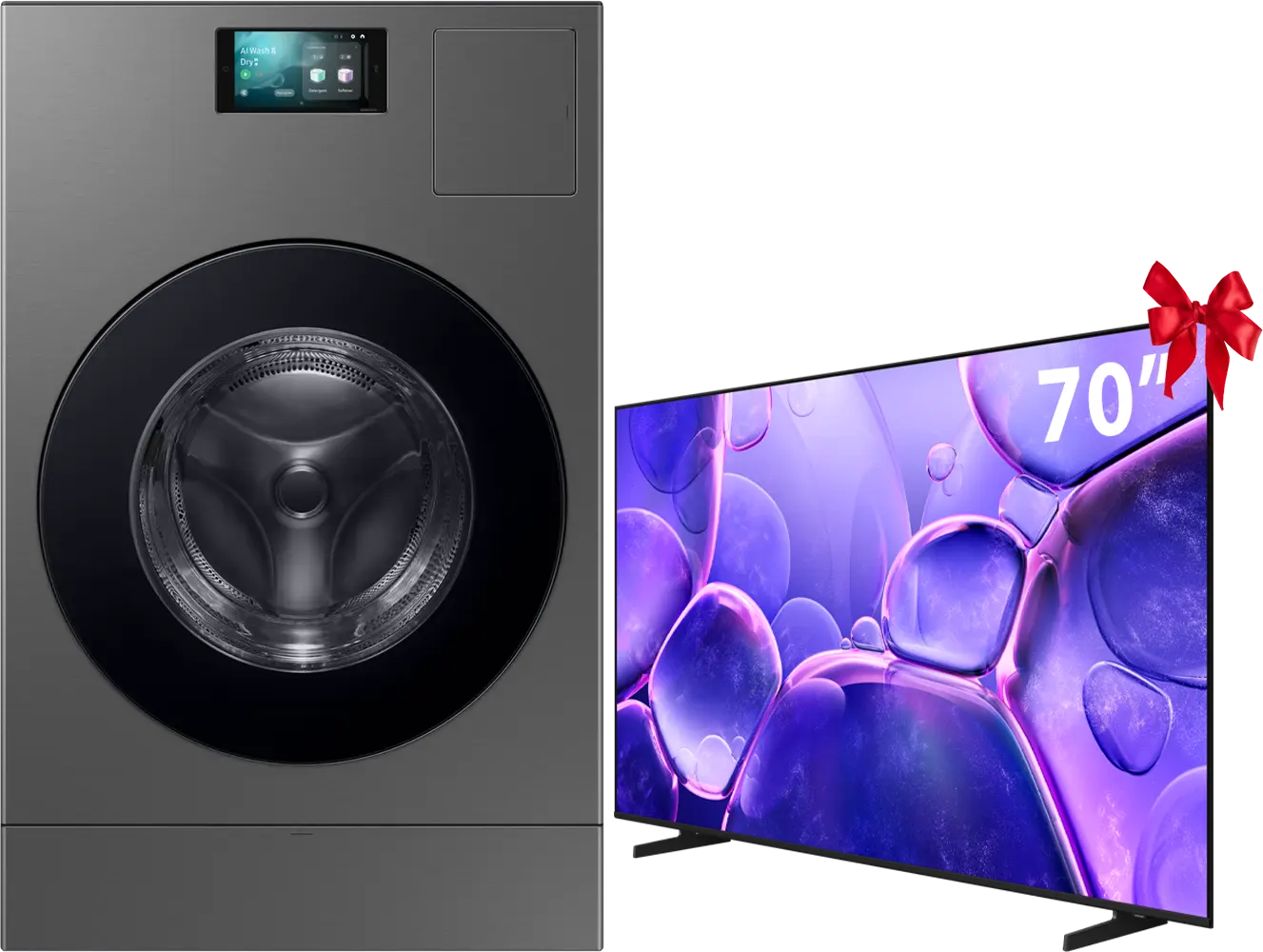 غسالة فول اوتوماتيك سامسونج، تحميل أمامي، 25 كيلو، مجفف 15 كيلو، 1100 لفة، انفرتر، بخار، شاشة LCD تعمل باللمس 7 بوصة، اتصال WIFI، رمادي، WD25DB8995BZ + شاشة سامسونج الترا اتش دي 70 بوصة هدية