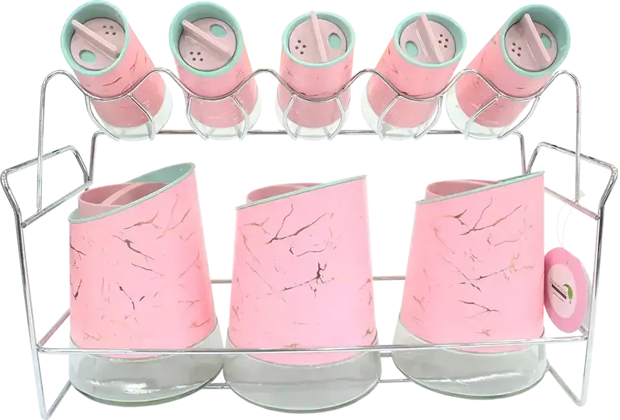 طقم توابل من الاندلس، 8 قطع + حامل معدني، ,وردي، 01