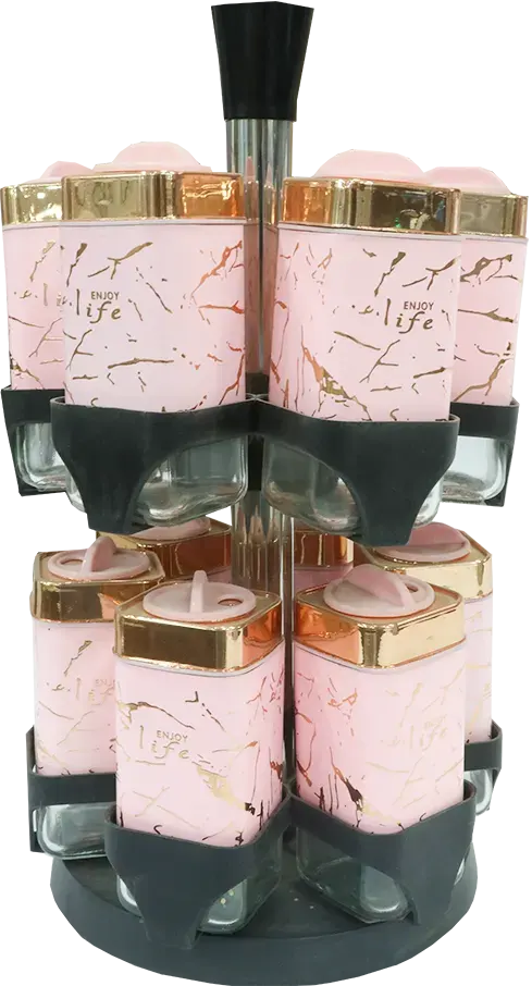 طقم توابل دوار ماربل مربع 11 قطعة + استاند ، 2 دور، رخام ، بينك