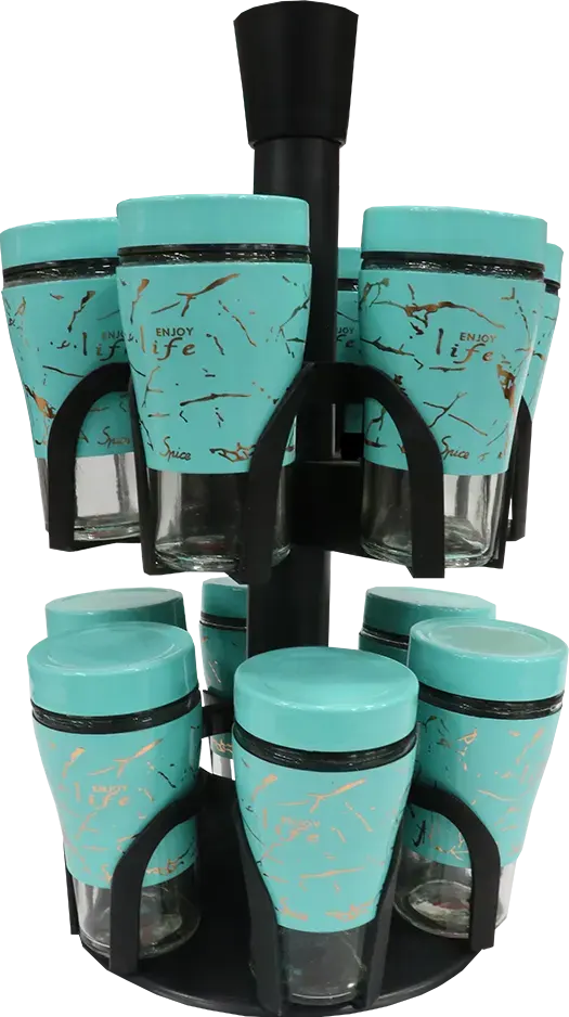 طقم توابل دوار ، 2 دور، 11  قطعة + استاند ، رخام ، تركواز