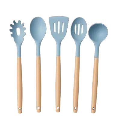 طقم توزيع سيلكون بيد خشب 5 قطع ، ازرق سماواي