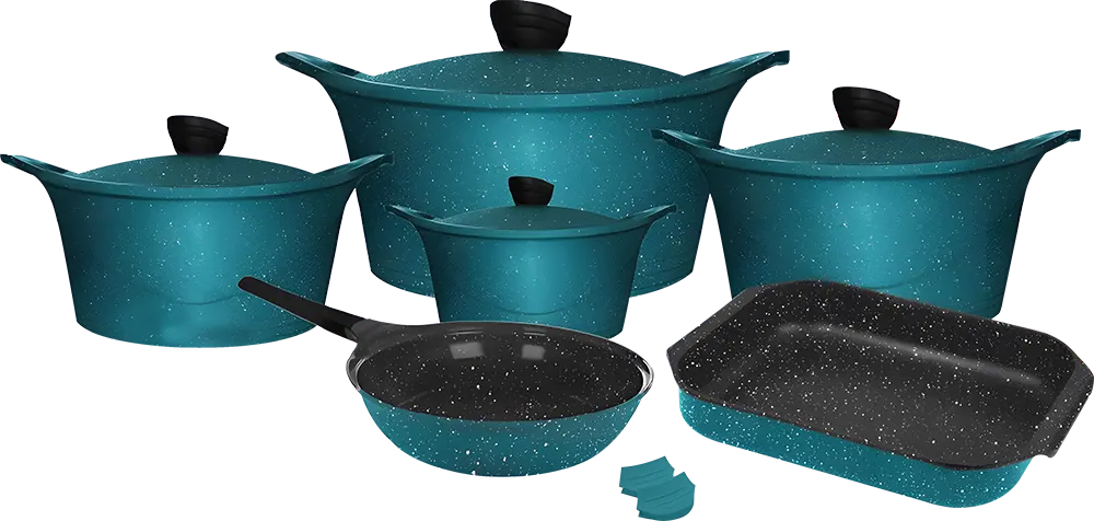 طقم حلل جلوري، 12 قطعة، سُمك 4 مللي، مقاومة للخدش، لون أخضر