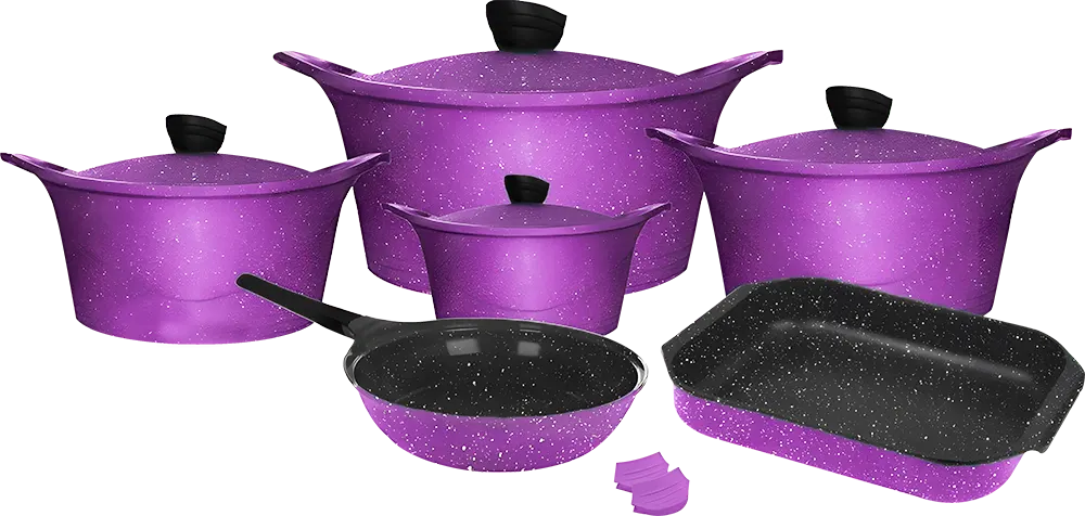 طقم حلل جلوري، 12 قطعة، سُمك 4 مللي، مقاومة للخدش، لون بنفسجي