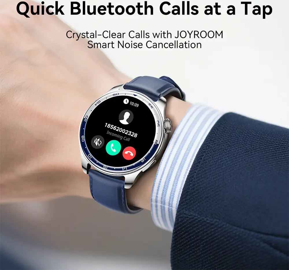 ساعة جوي روم كلاسيك الذكية، بلوتوث 5.4، شاشة لمس أموليد 1.43 بوصة، مقاومة للماء، حزام جلد، بطارية 300 مللي أمبير، أزرق، JR-FC3