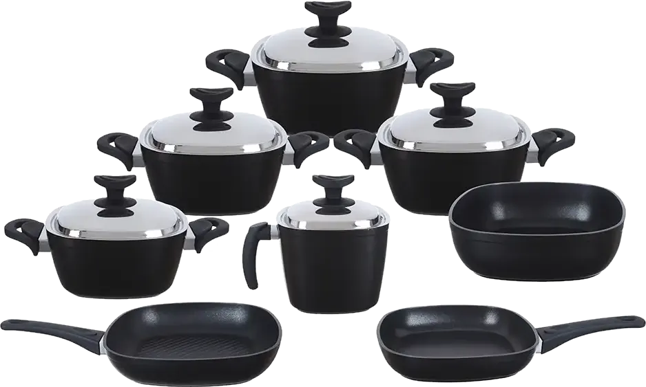 طقم حلل تيتانيوم سافلون، 13 قطعة، مربع الشكل، بيد عازلة، لون اسود