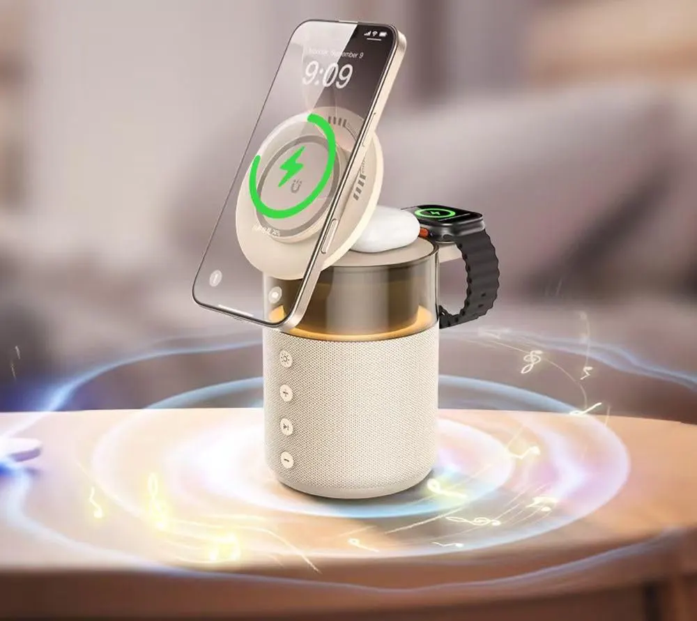 مكبر صوت ريتشي 5 في 1، بلوتوث 5.3، يدعم الشحن اللاسلكي، 15 وات، اضاءة led، حامل للهاتف، rcw-51