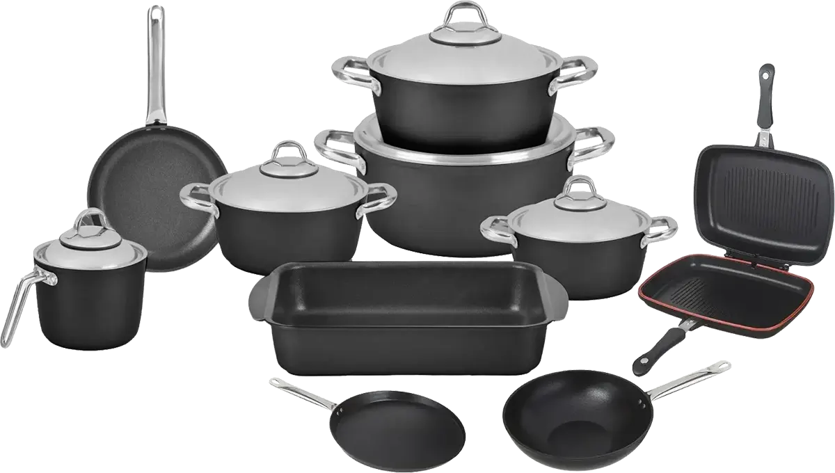 طقم حلل تيتانيوم سافلون 15 قطعة، شكل دائري ، يد استانلس، لون اسود