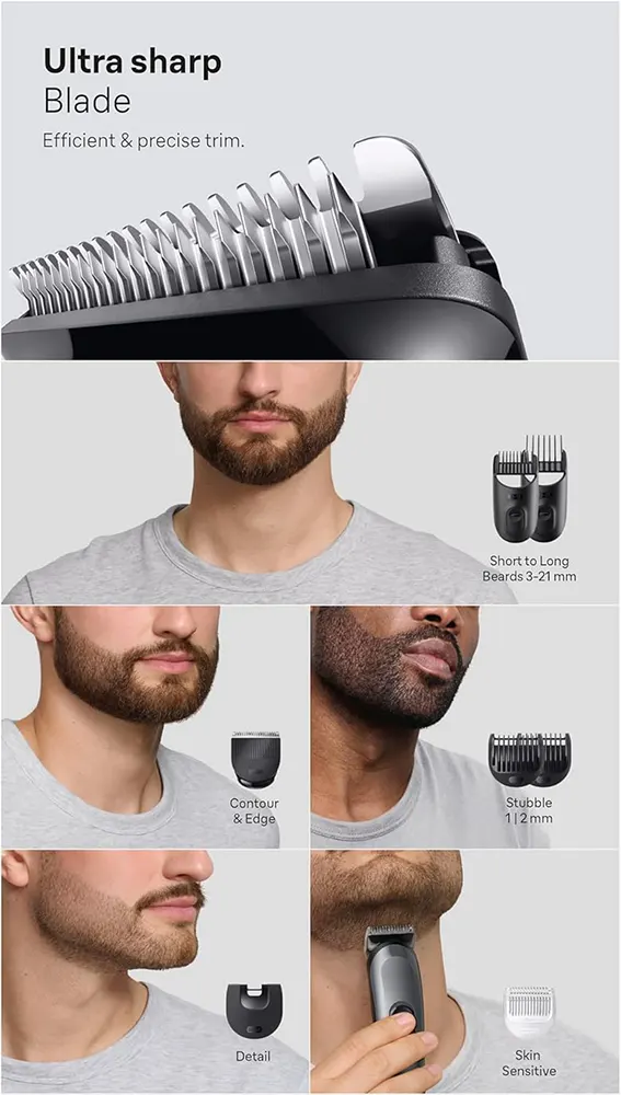 ماكينة حلاقة 8 في 1 براون Series 3، قابلة للشحن، وقت تشغيل لاسلكي 50 دقيقة، أسود، AIO 3540