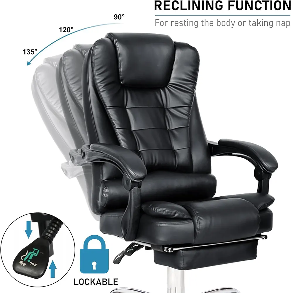 كرسي مكتب للألعاب، مع مسند للقدمين ودعم لاسفل الظهر، ظهر قابل للتعديل ، كرسي دوار 360 درجة، جلد صناعي، اسود
