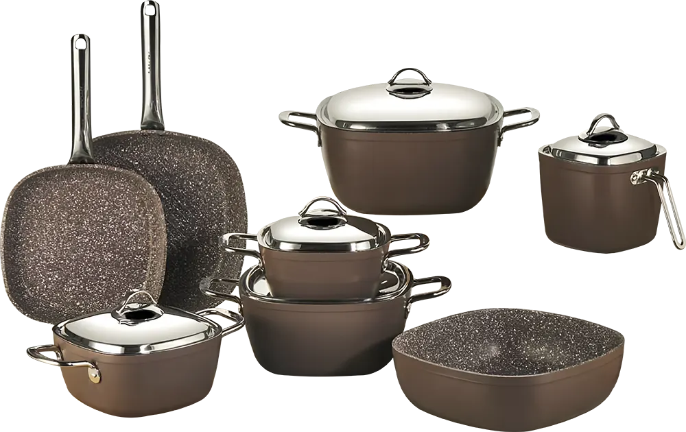 طقم حلل جرانيت سافلون وايت 13 قطعة، شكل مربع، يد استانلس، لون بني