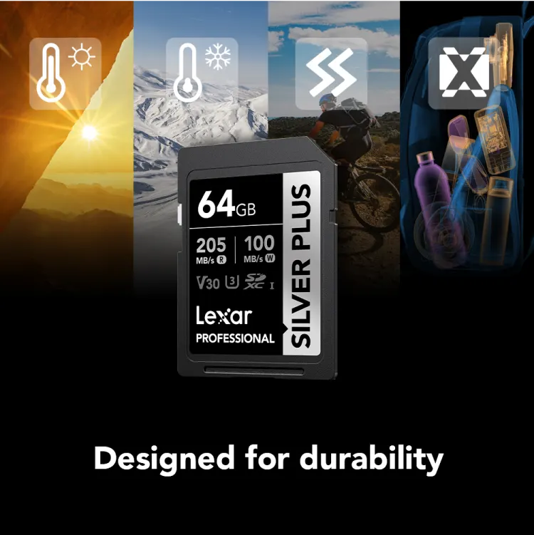 SD كارت ليكسار بروفيشنال سيلفر بلس، 64 جيجا، من نوع SDXC™ UHS-I، تصنيف V30، سرعة قراءة حتى 205 ميجا في الثانية، LSDSIPL064G-BNNNG