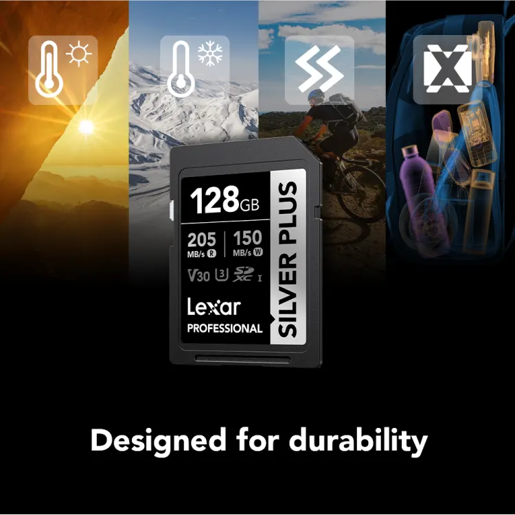 SD كارت ليكسار بروفيشنال سيلفر بلس، 128 جيجا، من نوع SDXC™ UHS-I، تصنيف V30، سرعة قراءة حتى 205 ميجا في الثانية، LSDSIPL128G-BNNNG