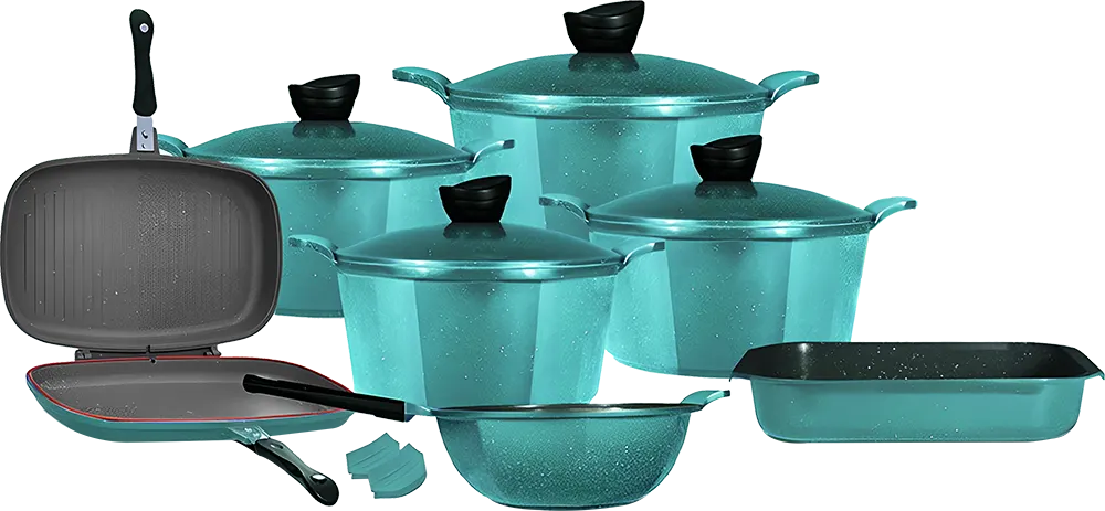 طقم حلل جرانيت جلوري 13 قطعة، مسدس الشكل، جريل دبل، لون اخضر