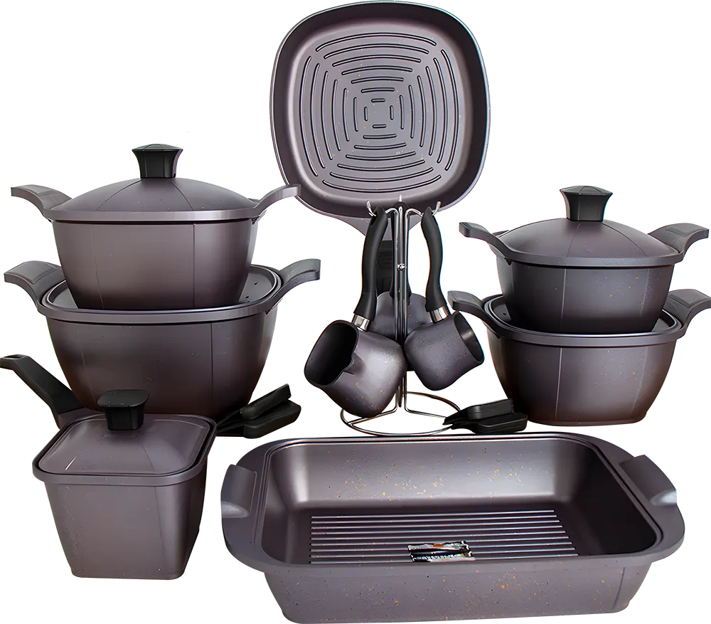 طقم حلل جيرانيت الاندلس ماتريكس ، 16 قطعة مع طقم كنك ، لون أسود لامع