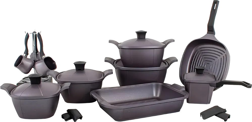 طقم حلل جيرانيت الاندلس ماتريكس ، 16 قطعة مع طقم كنك ، لون أسود لامع