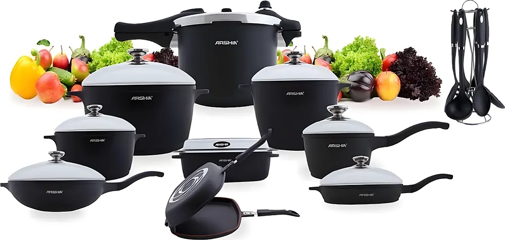 طقم حلل جيرانيت أرشيا 18 قطعة، مع طقم توزيع وحلة ضغط، لون أسود