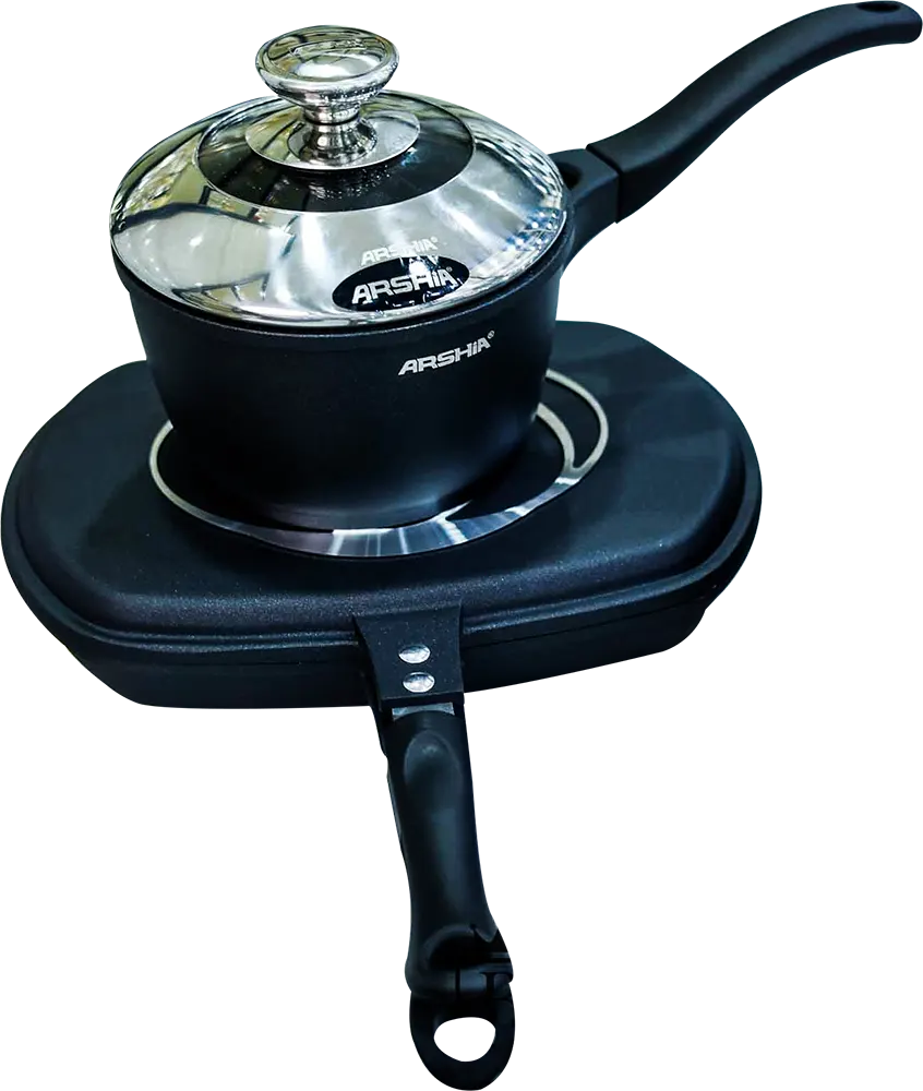 طقم حلل جيرانيت أرشيا 18 قطعة، مع طقم توزيع وحلة ضغط، لون أسود