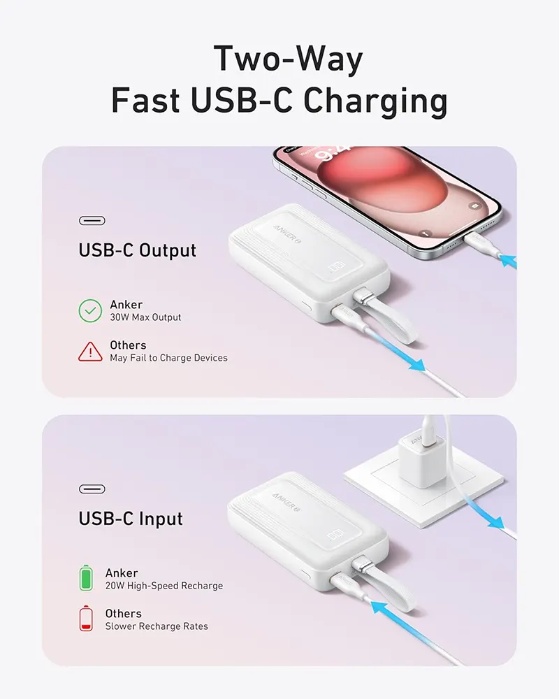 باور بانك انكر زولو ، 30 وات، 10,000 مللي أمبير، شاشة ديجيتال، كابل Type-c مدمج، أسود، A1688621