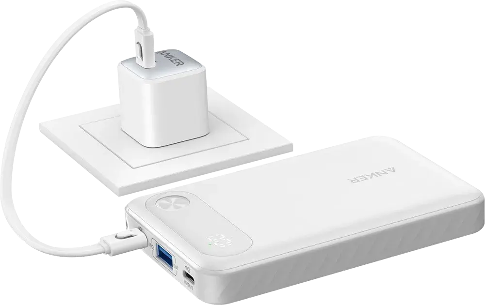 باور بانك انكر PowerCore، سعة 10000 مللي امبير، 22.5 وات، 3 منافذ، منفذ Type-A + منفذين Type-C، شاشة ديجيتال، ابيض، A1257P21