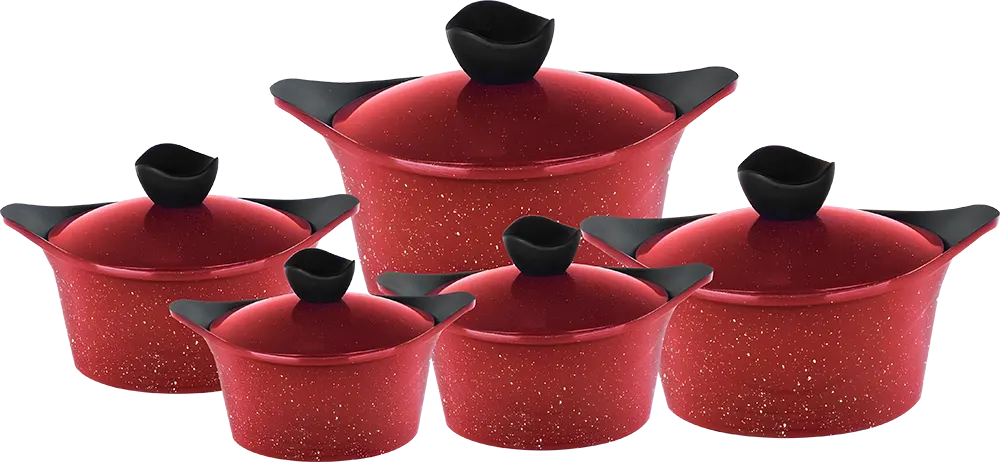 طقم حلل جرانيت جلوري 12 قطعة، 5 حلل، 2 ماسك سيليكون، أحمر