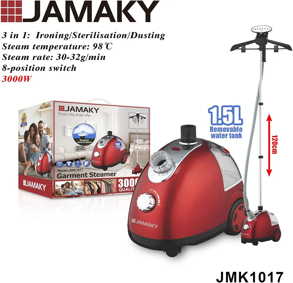 Jamaky Steam Iron, 3000W, 1500ml Water Tank, Steam Rate 30-32g-min, Red, JMK1017