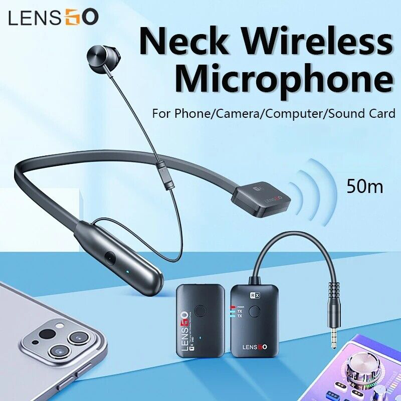 LensGo 1v1 Wireless Neck-Mounted Microphone, Two-Way Calling, 50m Range, 2.4GHz Frequency, Black, 318D