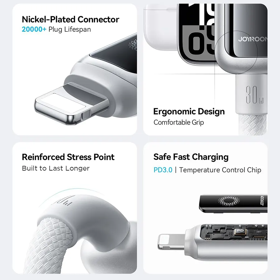 Joyroom Fast Charging and Data Transfer Cable with Auto Shut-Off, 30W, 1.2m, Type-C to Lightning, White, S-A55