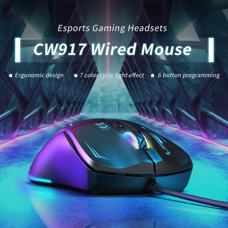 Onikuma Wired Gaming Mouse, 4800 DPI, 6 Buttons, RGB Lighting, Black, CW917