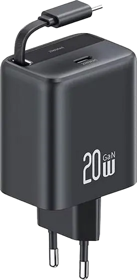 USAMS Fast Charger, 20W, with Retractable Type-C Cable, Black, CC233TC01