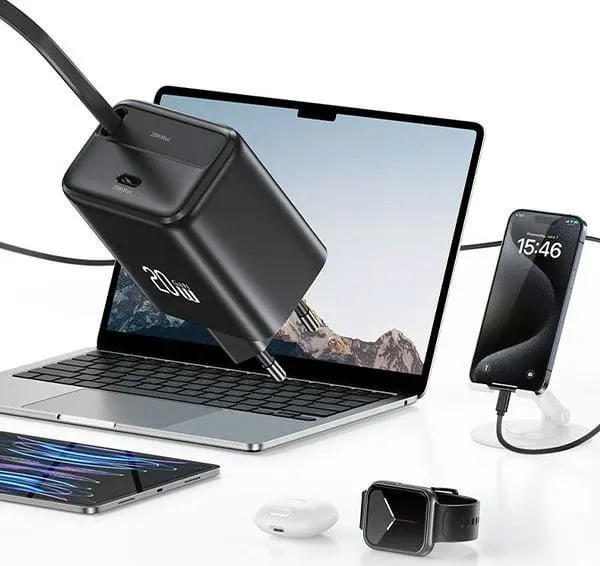 USAMS Fast Charger, 20W, with Retractable Type-C Cable, Black, CC233TC01