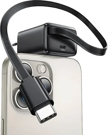 USAMS Fast Charger, 20W, with Retractable Type-C Cable, Black, CC233TC01