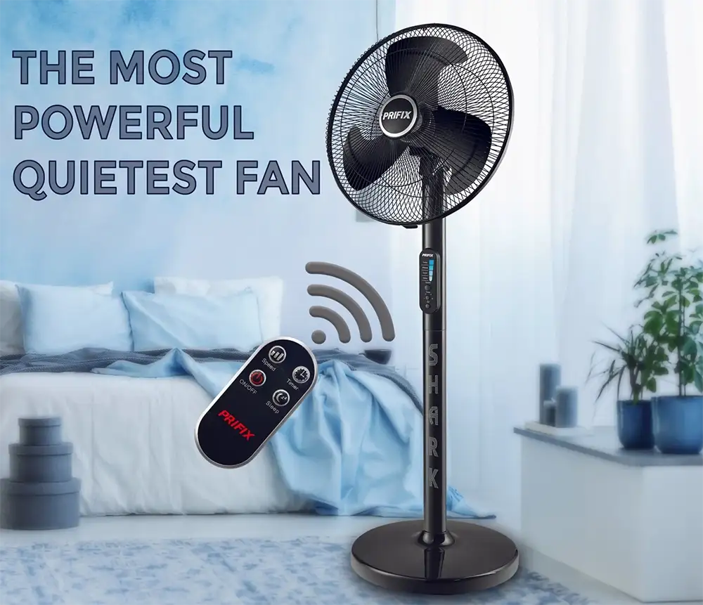 Prifix Shark Stand Fan, 18 Inch, Remote Control, Black, SFS-181
