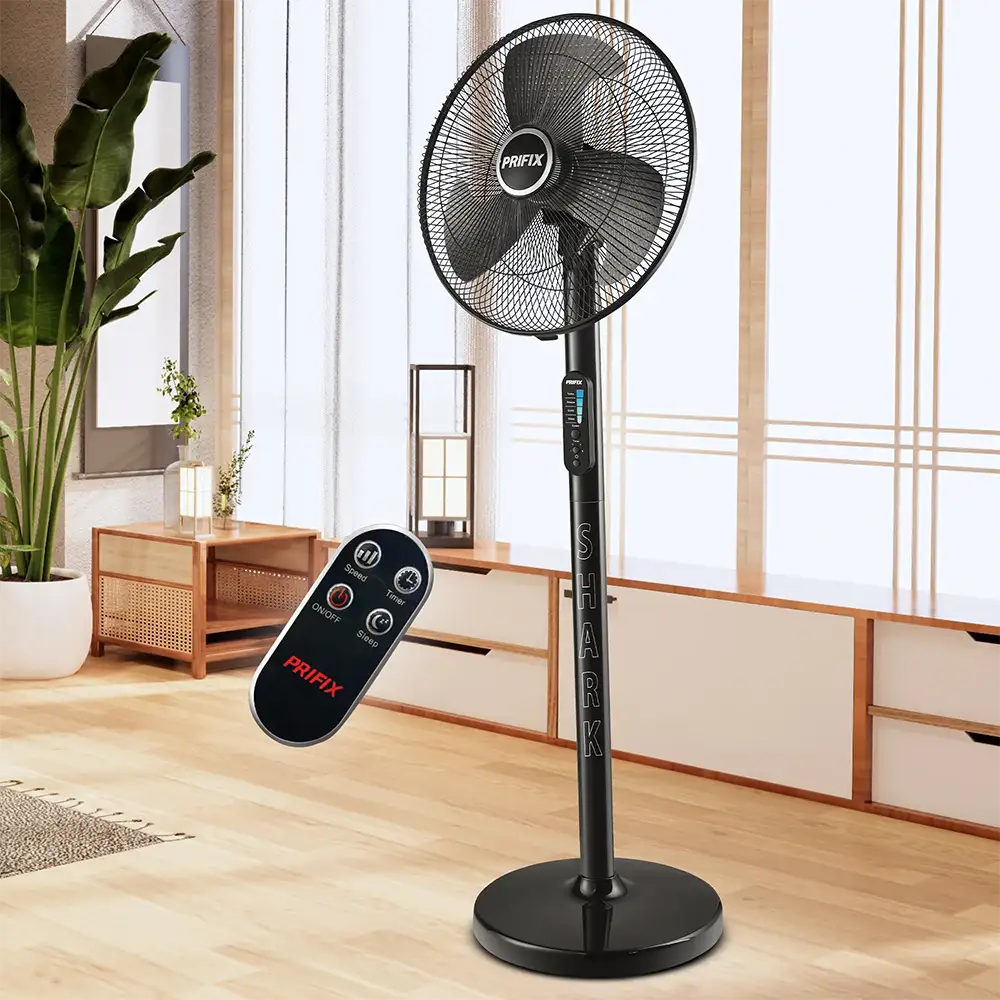 Prifix Shark Stand Fan, 18 Inch, Remote Control, Black, SFS-181