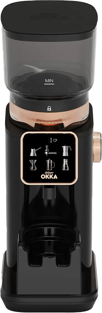 OKKA Turkish Electric Coffee Grinder, 200 Watts, 60 Grind Levels, Digital Display, 5 Cup Capacity, Black-Copper, OK0044-04
