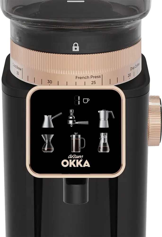 OKKA Turkish Electric Coffee Grinder, 200 Watts, 60 Grind Levels, Digital Display, 5 Cup Capacity, Black-Copper, OK0044-04
