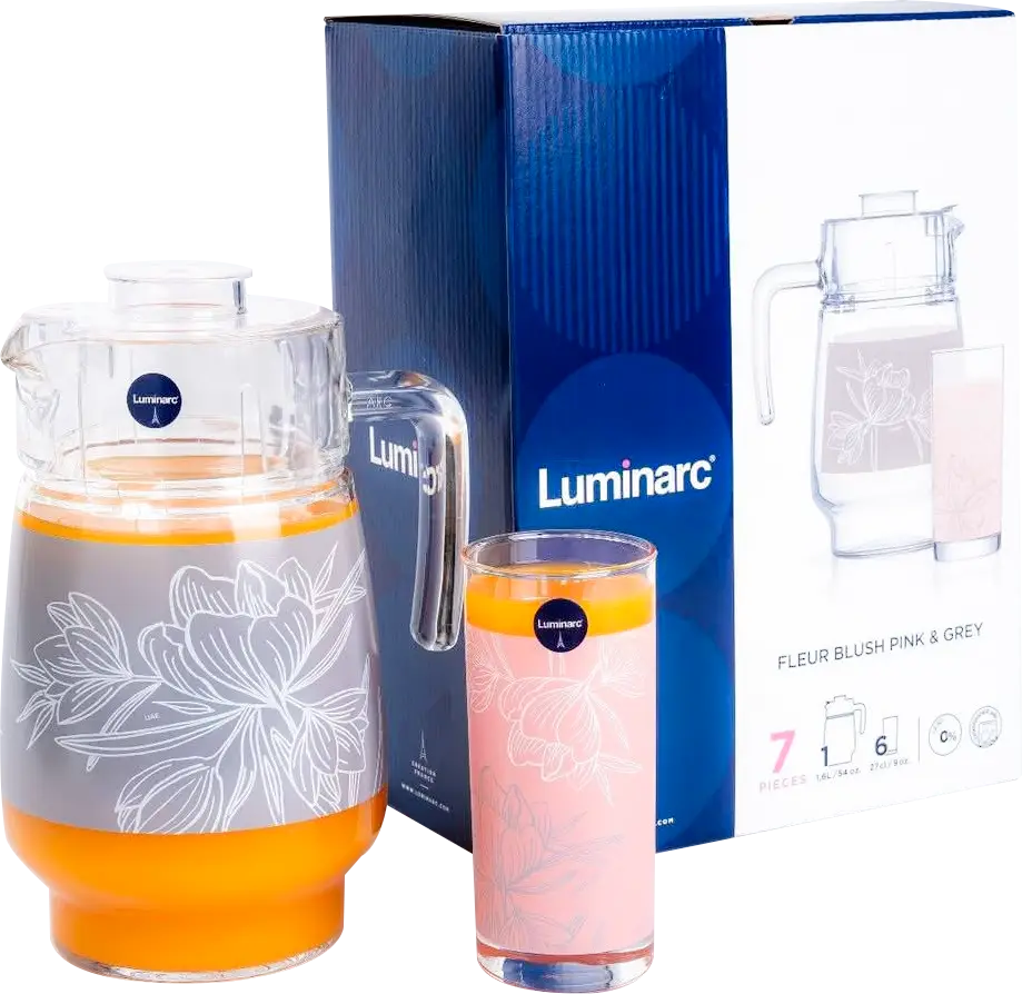 Luminarc Fleur Blush Sherbet Set, 7 Pieces, 6-Shop Jug, Transparent