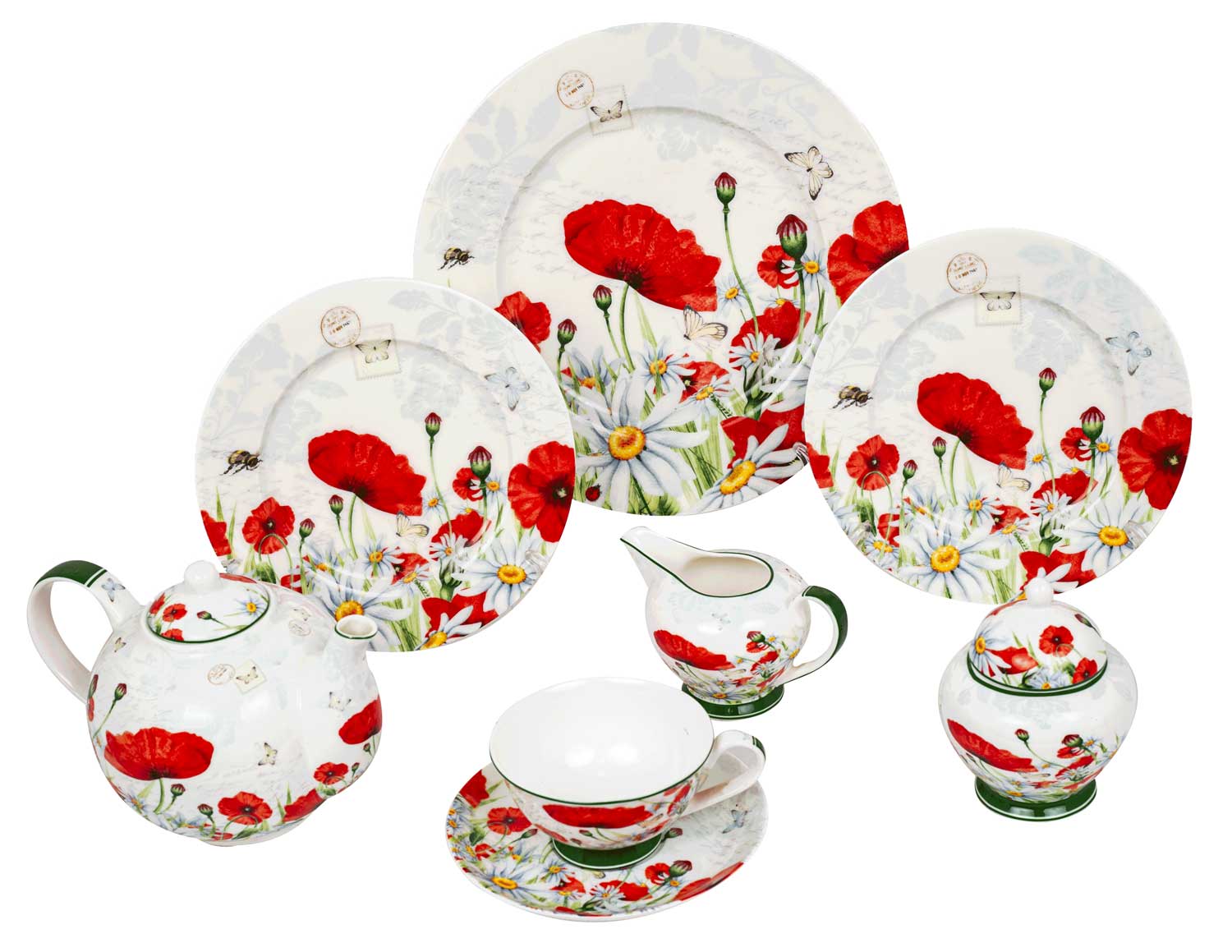 طقم شاي وجاتوه بورسلين دائري، 24 قطعة، أبيض في احمر