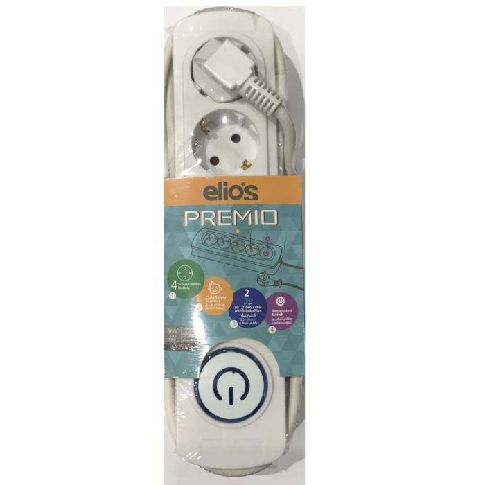 مشترك كهرباء إليوس، 2 متر، 4 منافذ، 3680 وات، 250 فولت، 16 أمبير، أبيض، بريمو