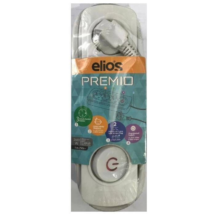 مشترك كهرباء إليوس بريميو، 3 متر، 3 منافذ، 3680 وات، أبيض،