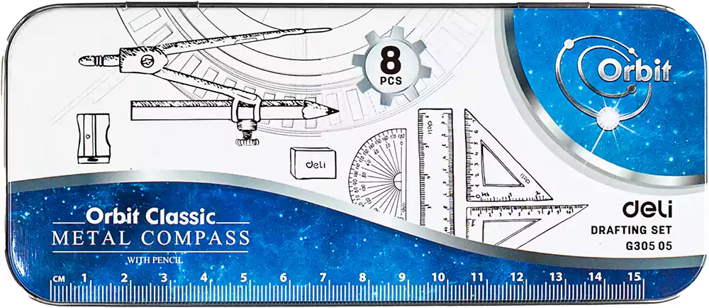 طقم أدوات هندسية  بلاستيك من ديلي، 8 قطع، علبة معدن، ألوان متداخلة EG30505