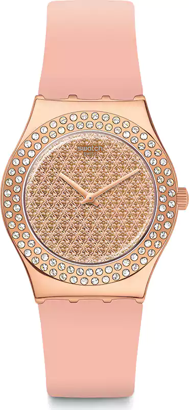 ساعة سواتش حريمي، عقارب، سوار سيليكون، بينك، YLG140