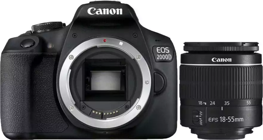 كاميرا تصوير  دي إي إس إل آر كانون إي أو إس  2000 دي، عدسة   18- 55 مللي متر، دقة  الوضوح 24.1 ميجابيكسل، شاشة إل سي دي ، أسود